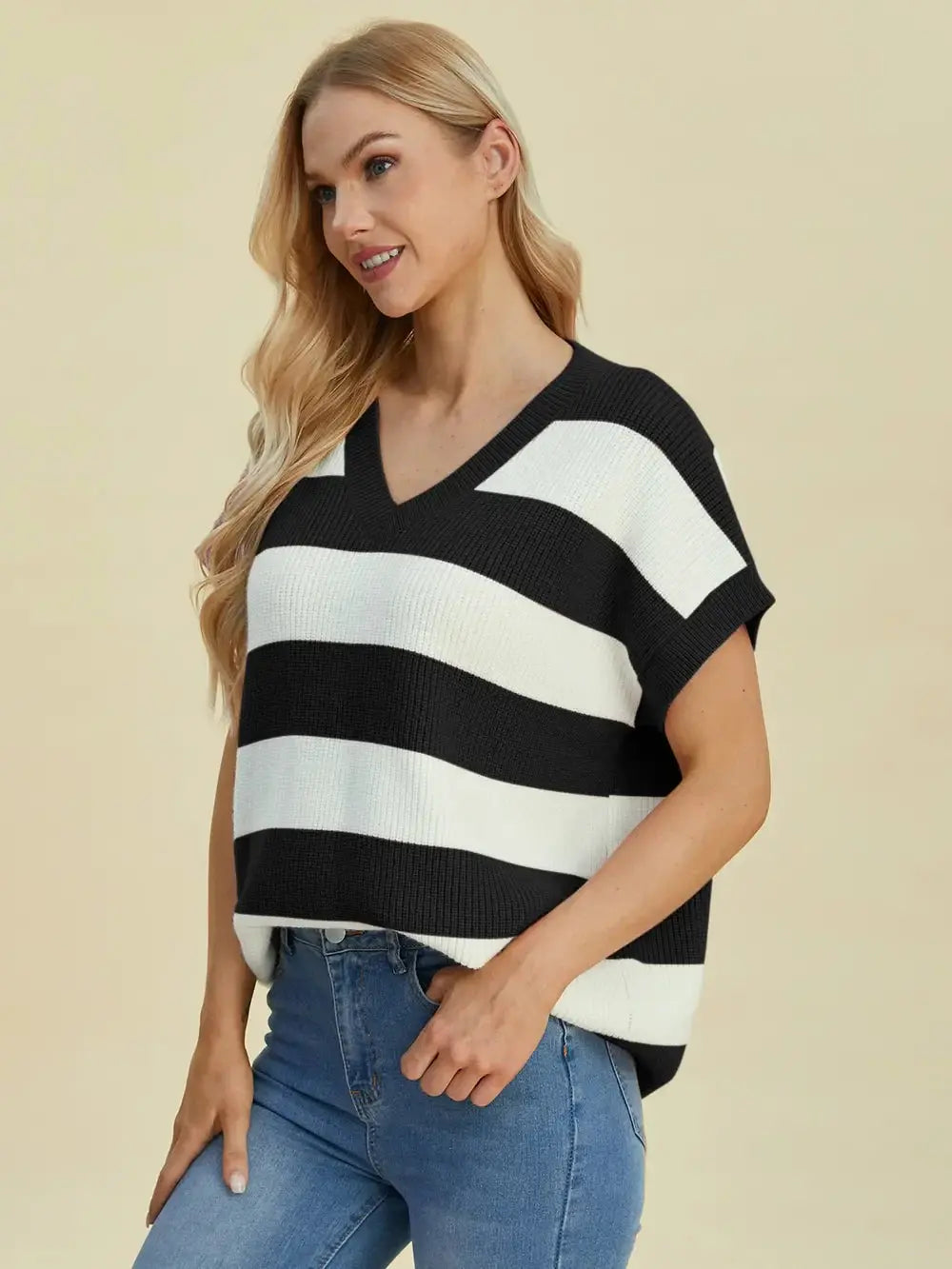 Double Take: Striped V-Neck Sweater - Love Salve