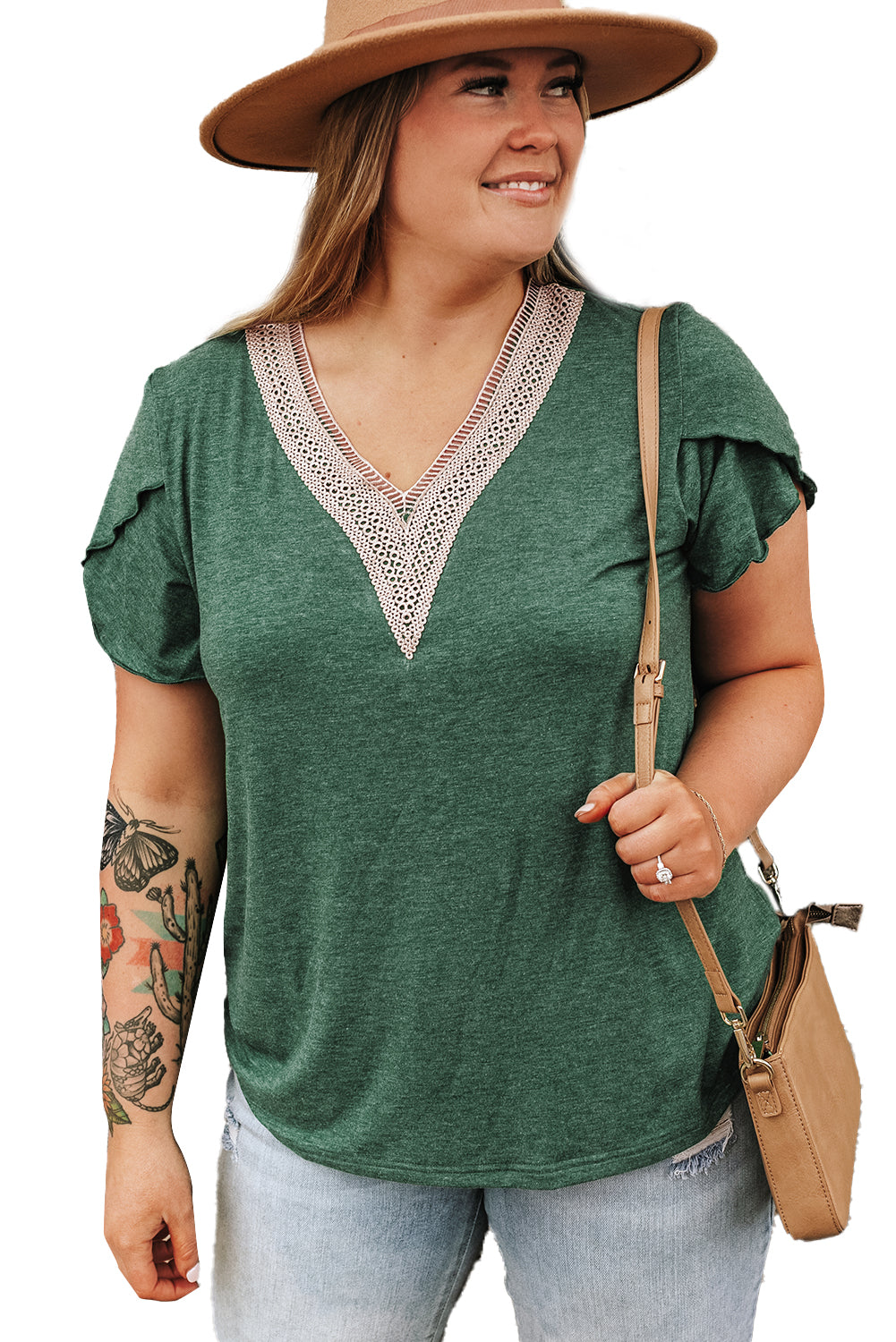 Chic blackish green plus size embroidered V-neck blouse with draped sleeves