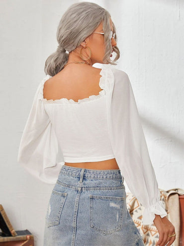 Mesh Sweetheart Neck Flounce Sleeve Top.