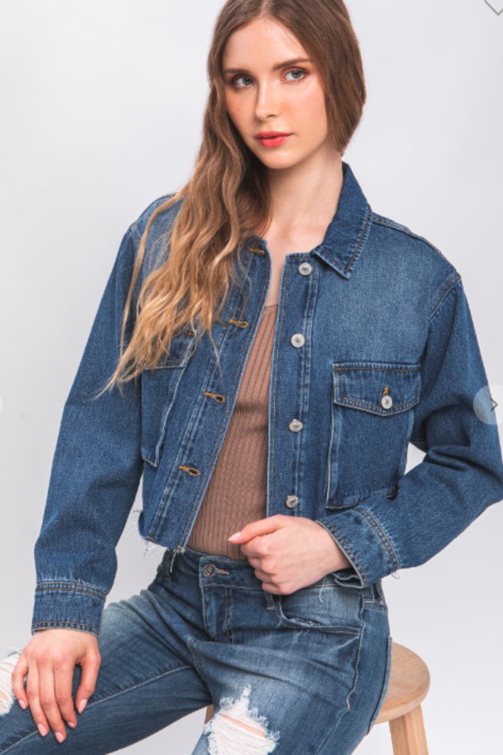 Love Tree Raw Hem Button Up Cropped Denim Jacket.