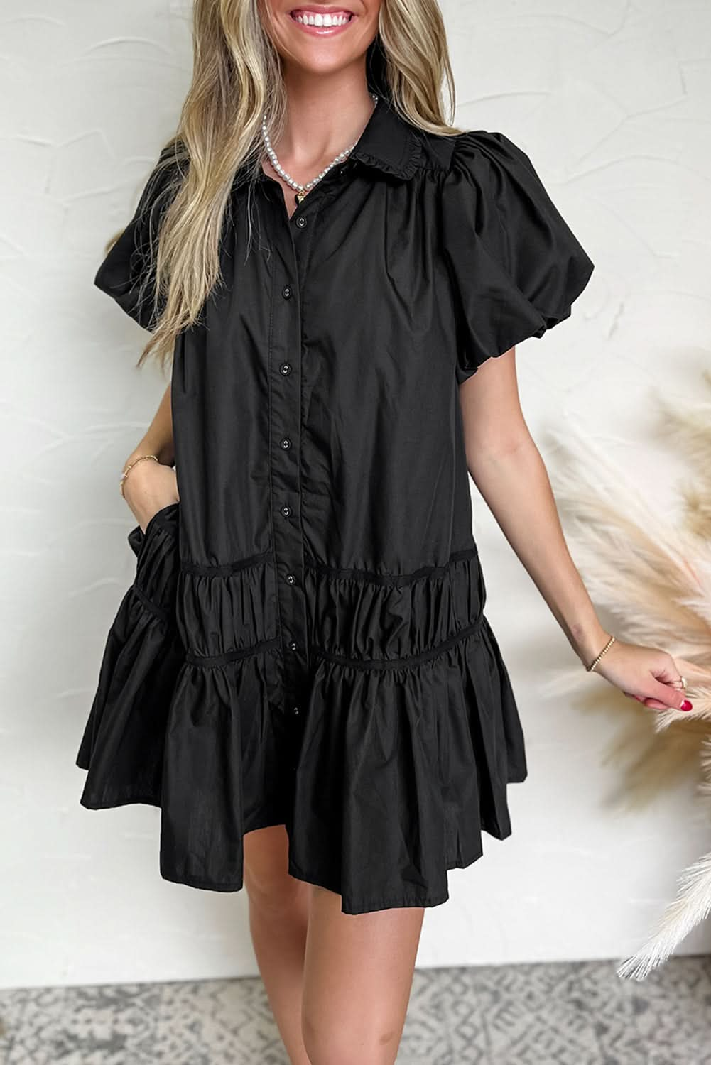 Chic Black Puff Sleeve Ruffle Hem Button Down Dress