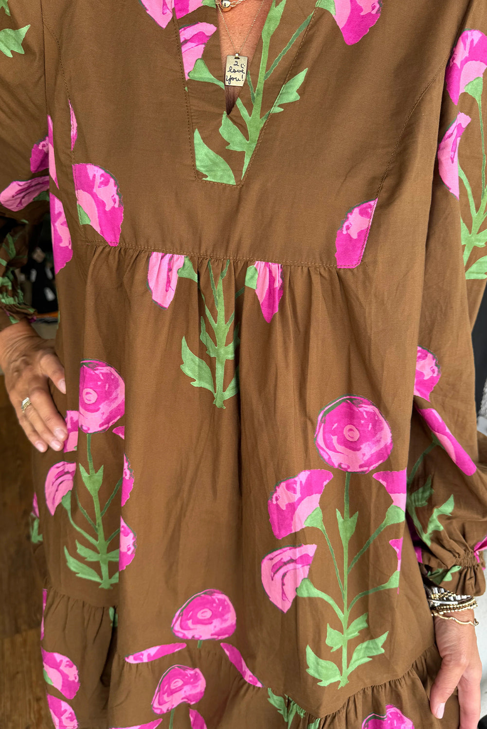 Brown Contrast Floral Print Babydoll Tunic Dress With Ruffled Hem Puff Sleeve Dear-Lover Dropshipping