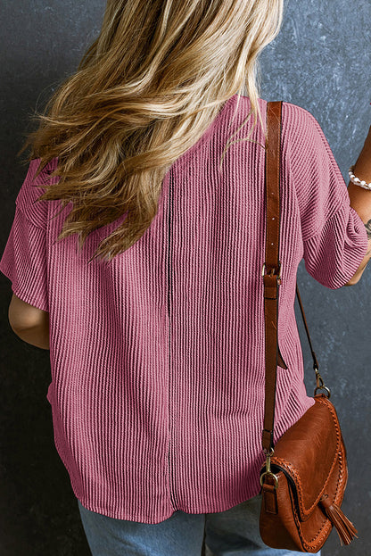 Chic rose pink textured plus t-shirt with v-neck and dropped shoulders