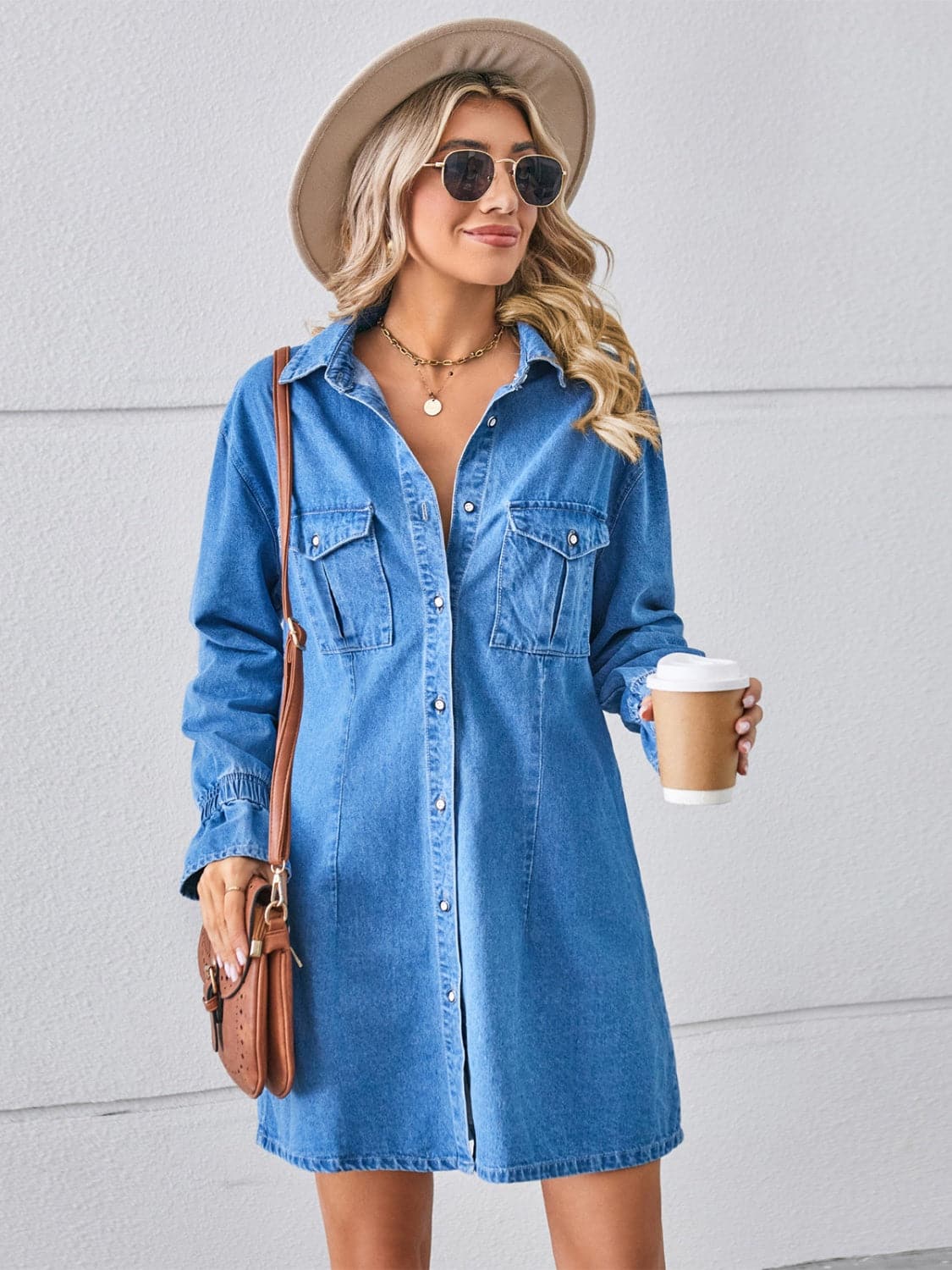 Pocketed Dropped Shoulder Mini Denim Dress.