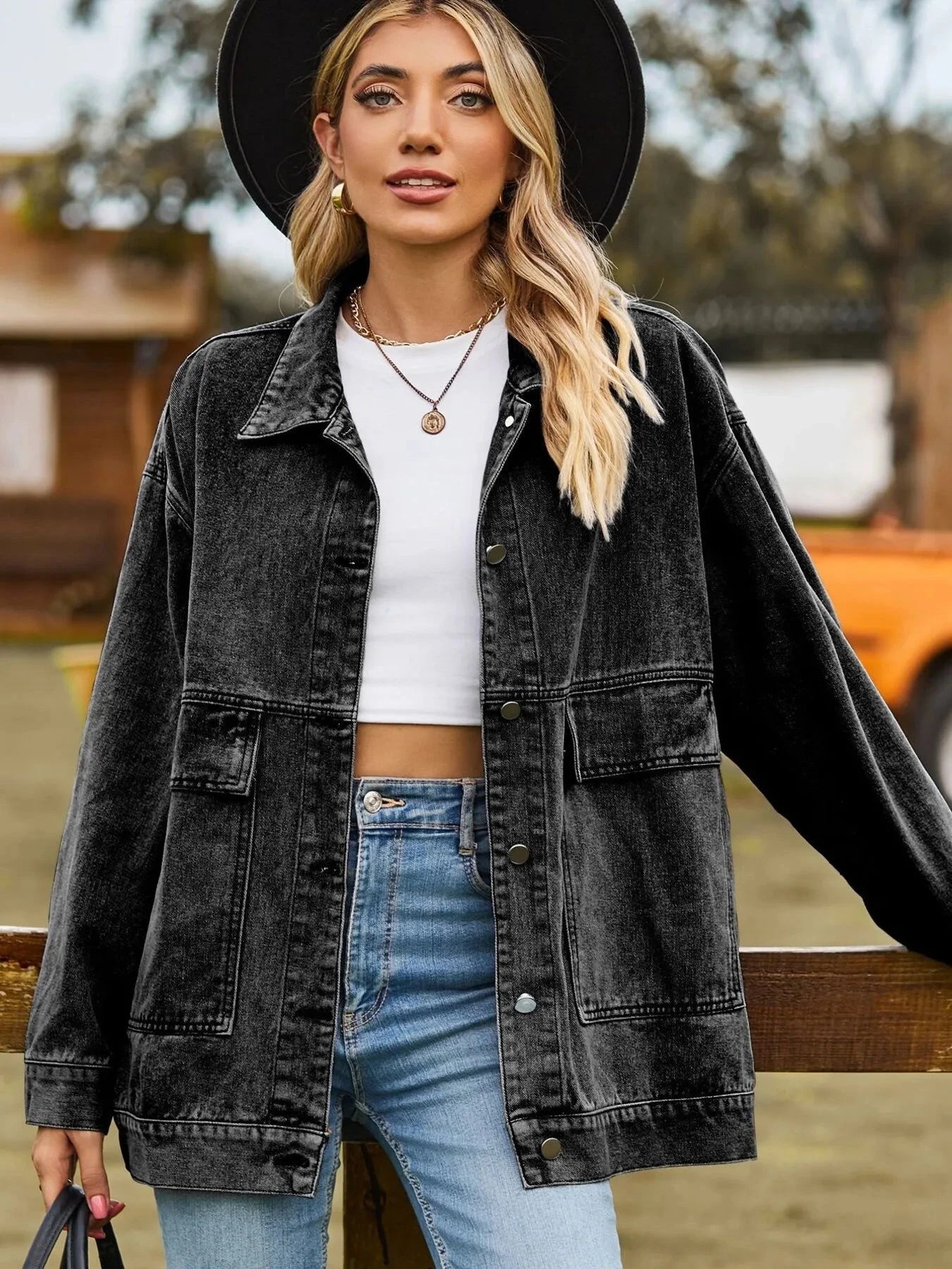 Oversized Button Up Denim Jacket with Hood Coco’s Tee Boutique