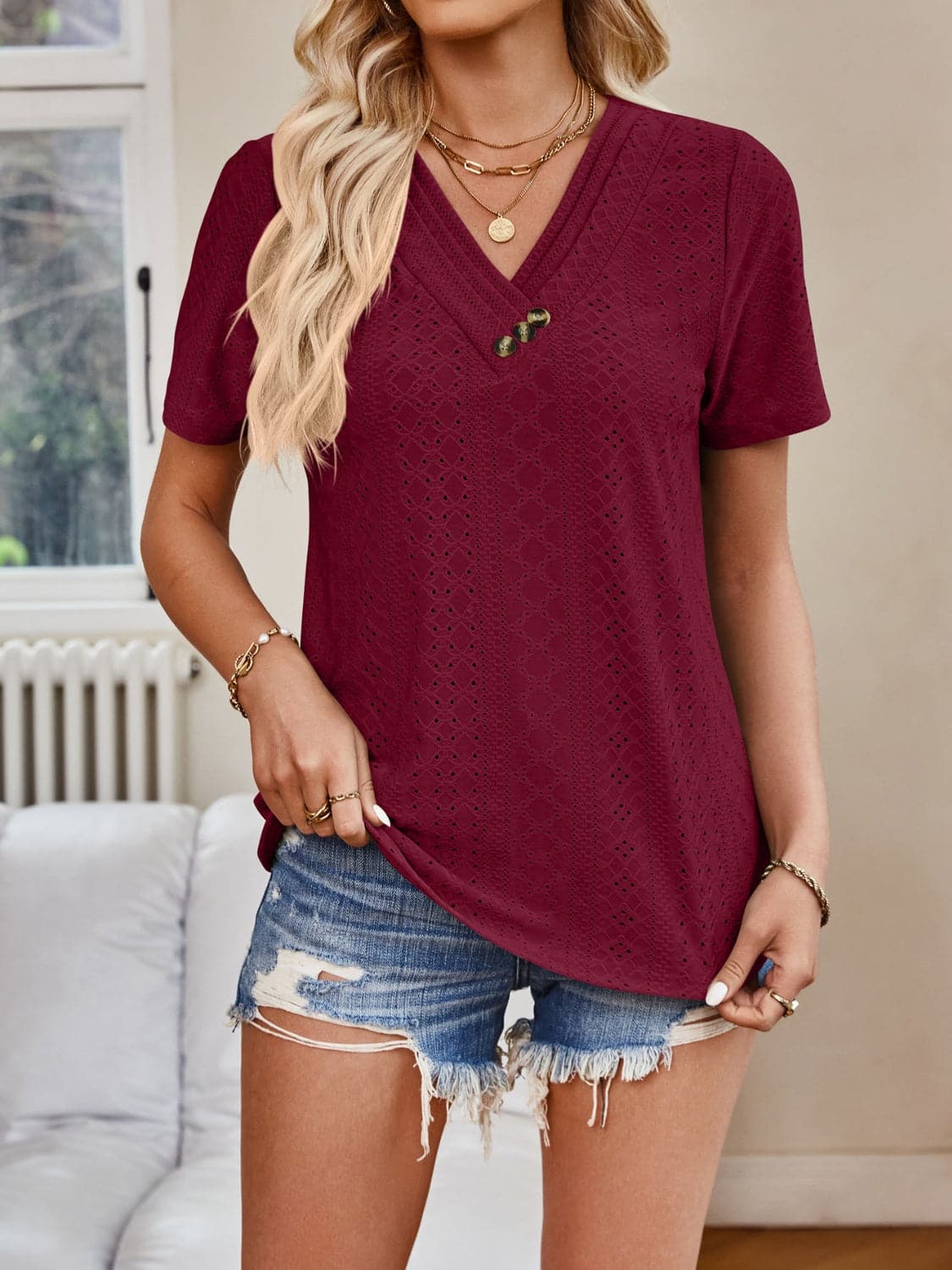 Eyelet V-Neck Short Sleeve Top.