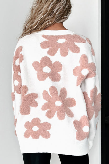 Floral-inspired white drop shoulder sweater for relaxed winter vibes