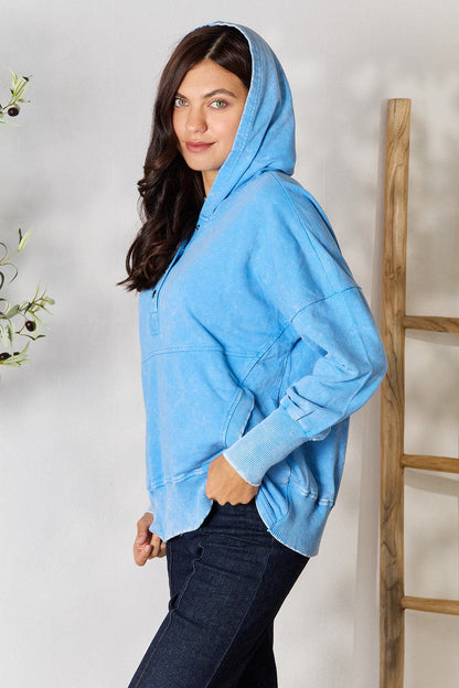 Zenana Half Snap Long Sleeve Hoodie with Pockets.