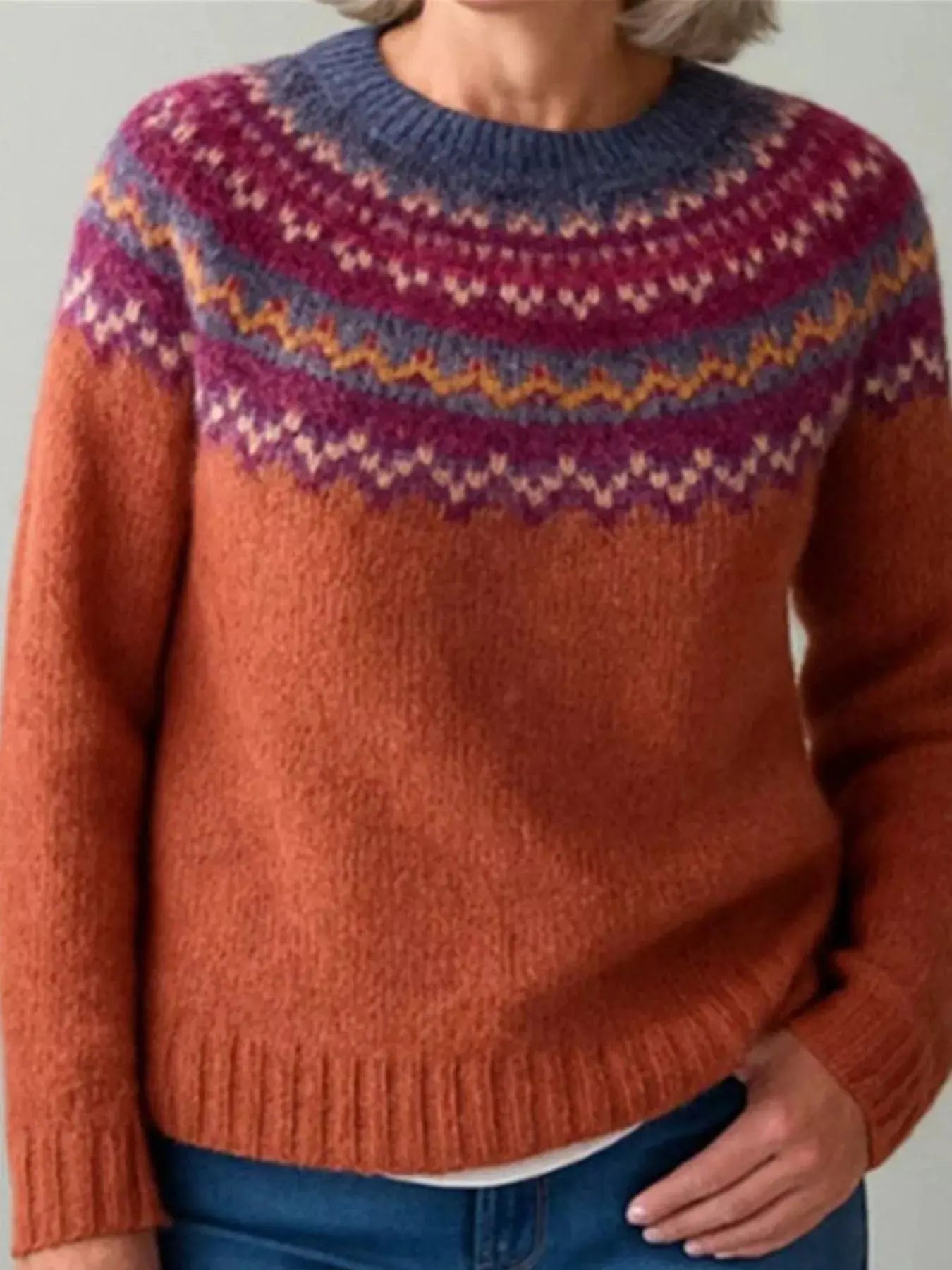 Full Size Vintage Patterned Round Neck Sweater Plus Size Simply Love
