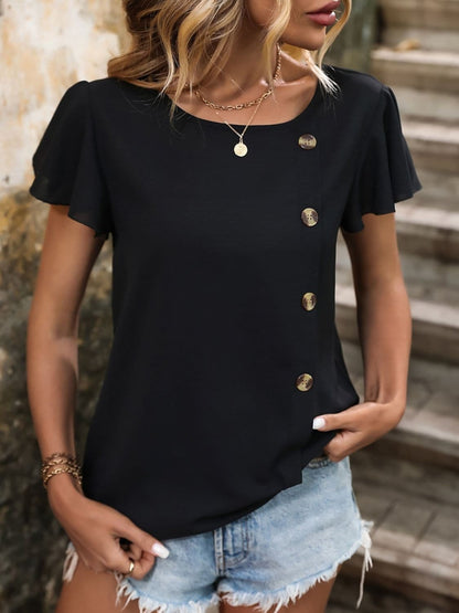 Decorative Button Round Neck Short Sleeve Blouse.