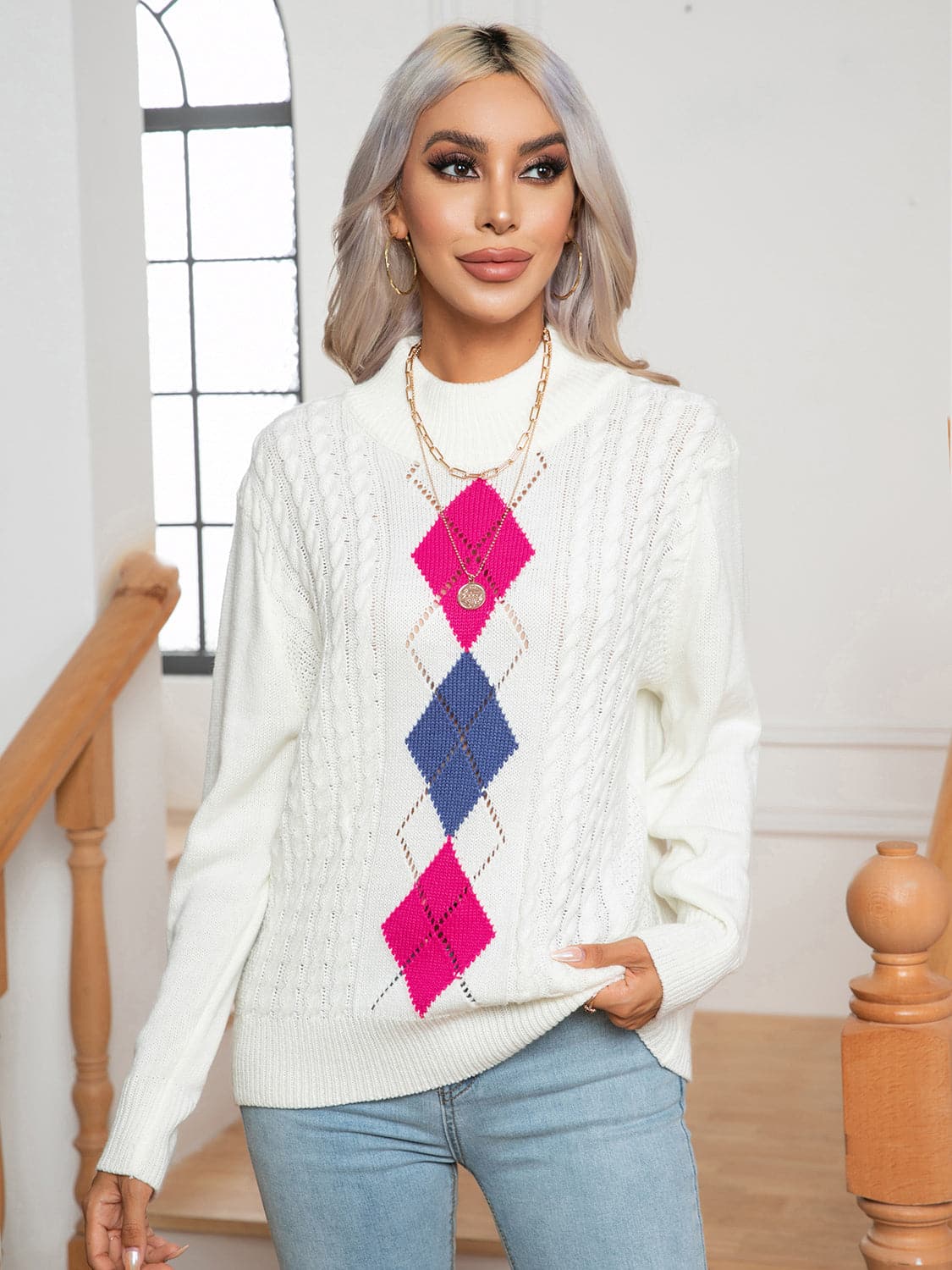 Openwork Geometric Mock Neck Sweater.