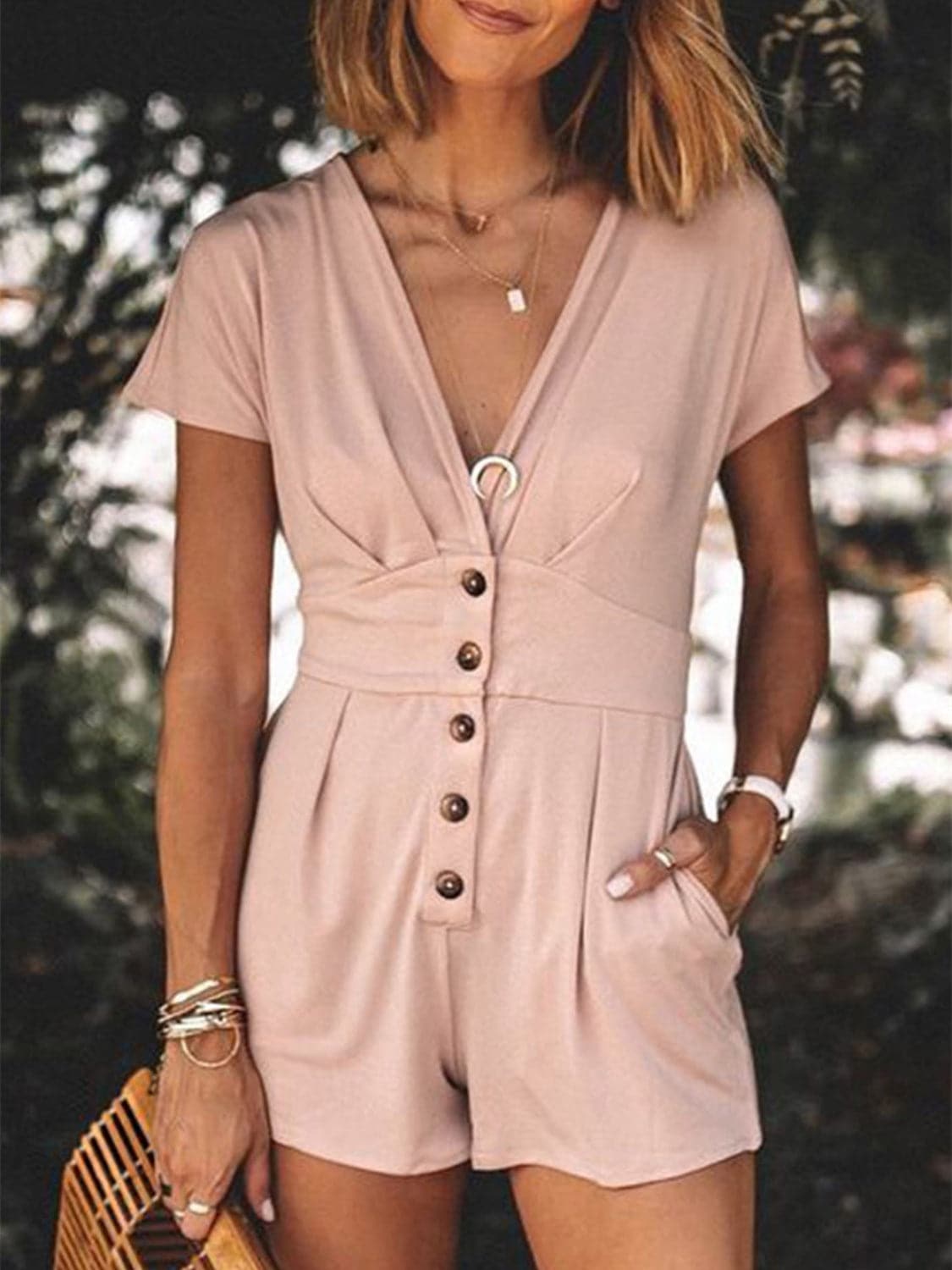 Ruched V-Neck Romper with Pockets.