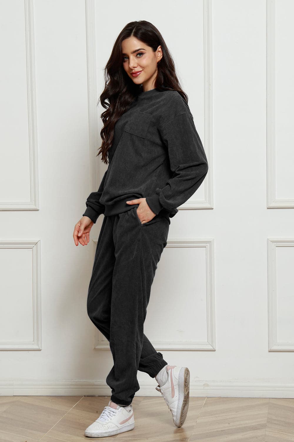 Corduroy Round Neck Sweatshirt and Sweatpants Set.