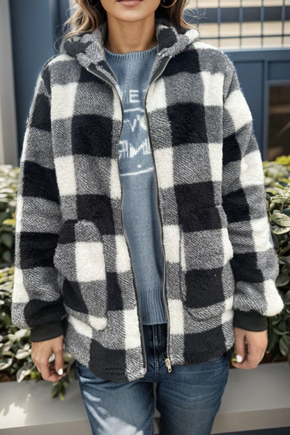 Double Take Full Size Plaid Long Sleeve Hooded Coat.