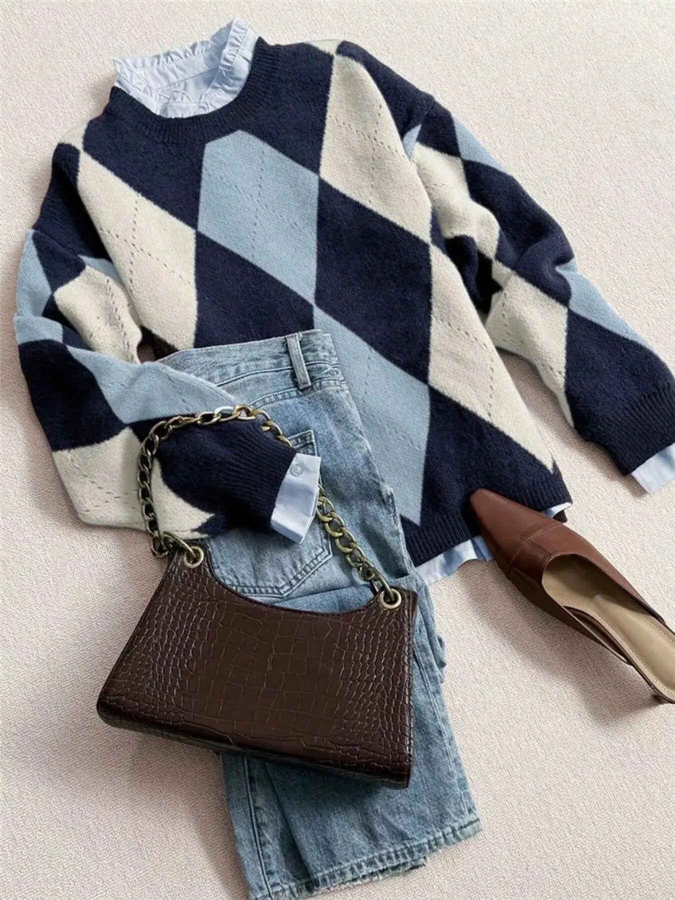 Vintage Argyle Round Neck Sweater Simply Love