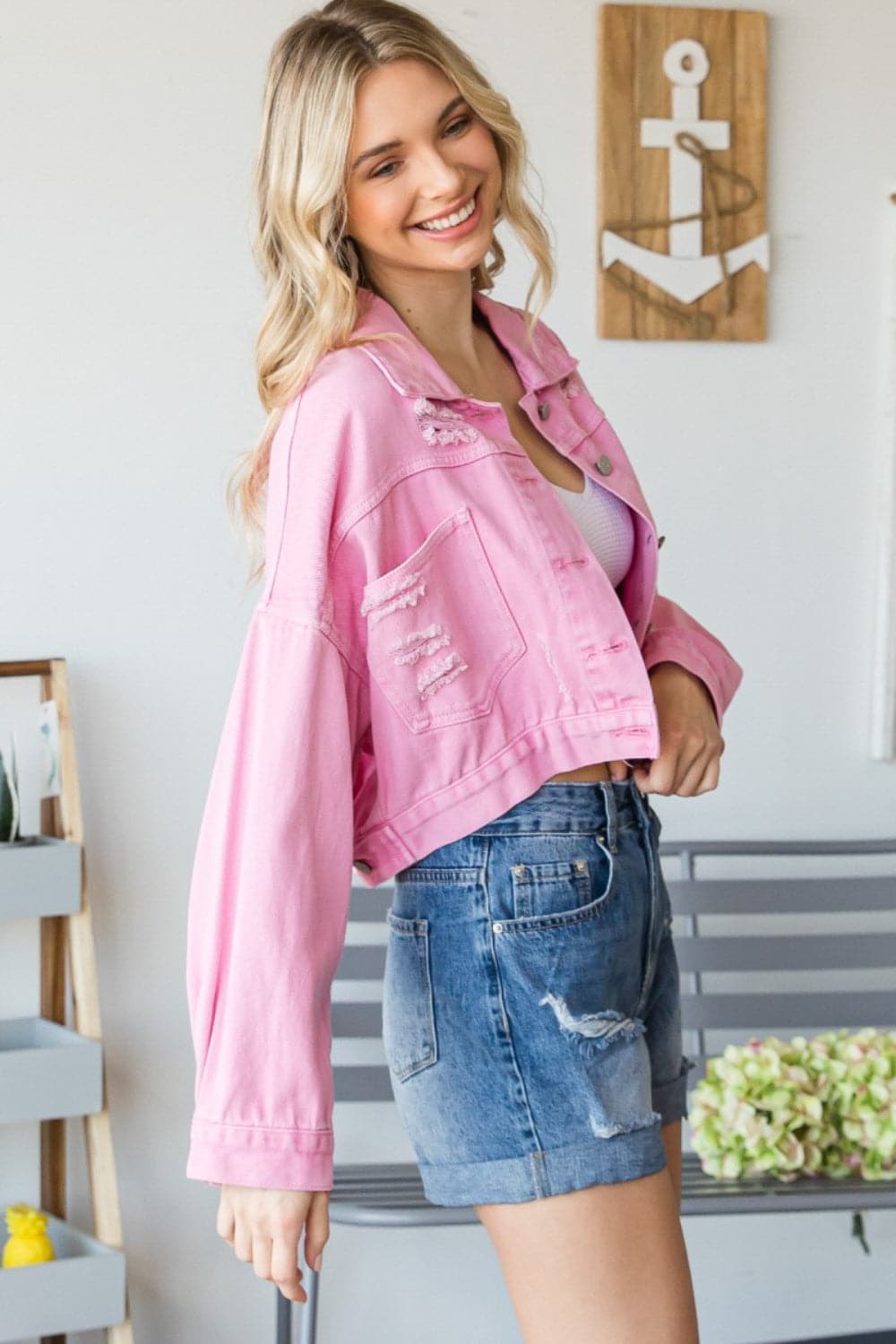 Veveret Fringe Distressed Button Up Denim Jacket.