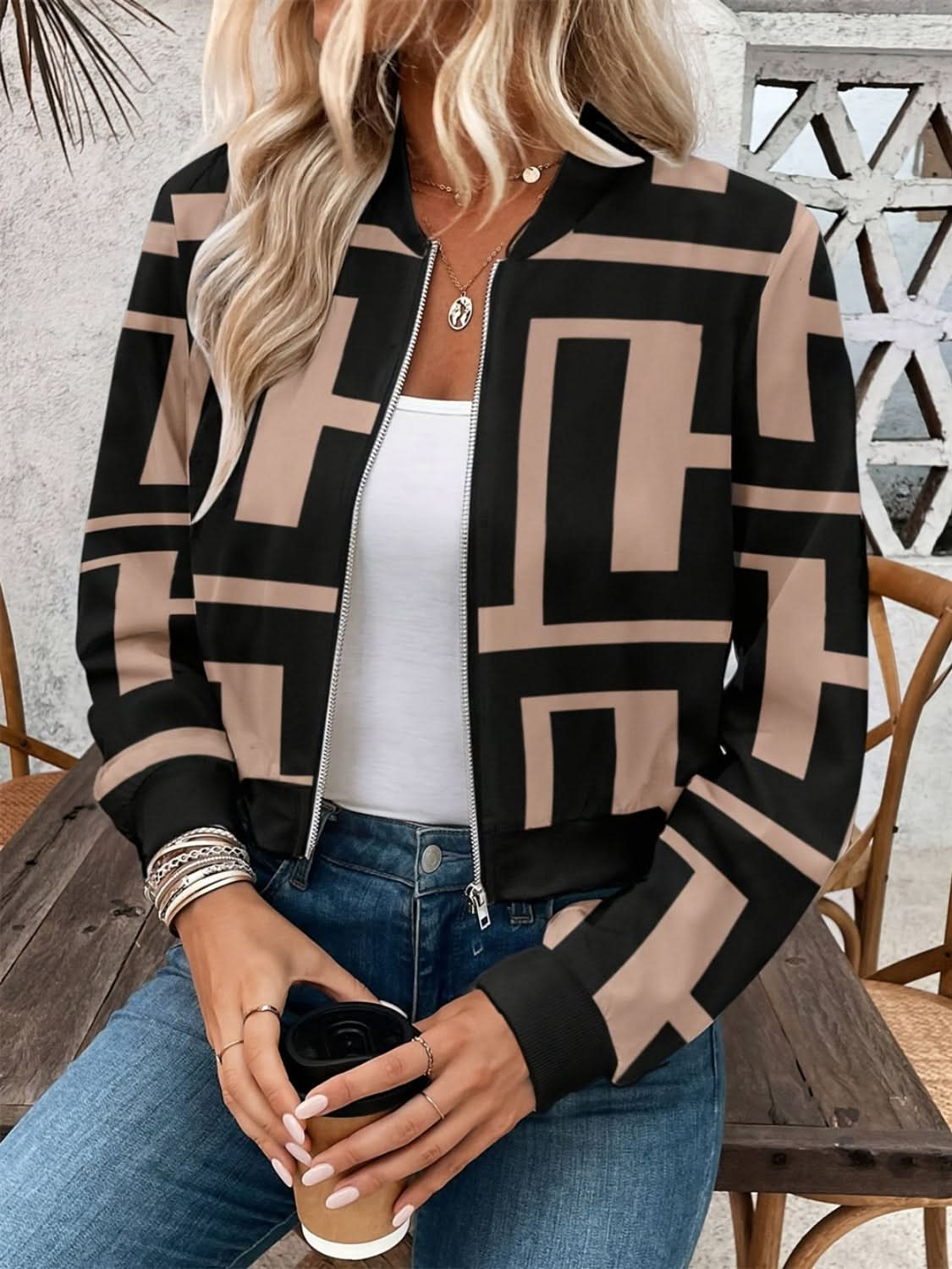 Chic geometric baseball collar jacket