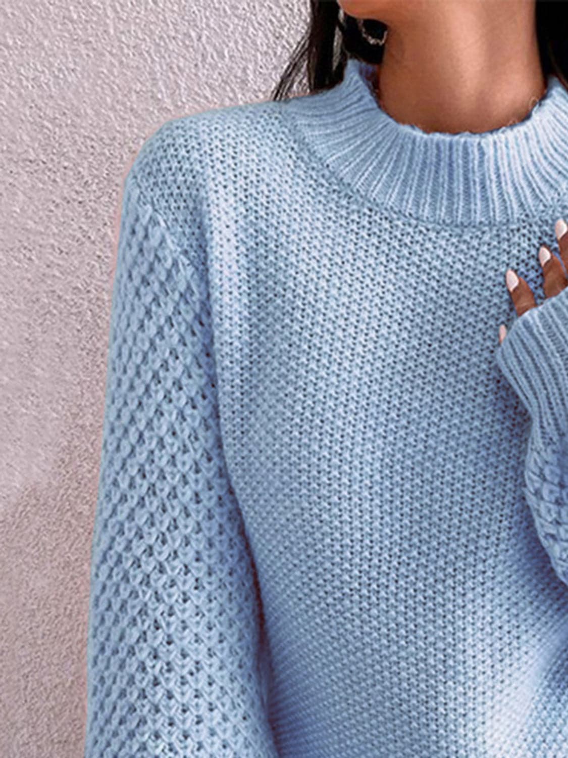 Openwork Mock Neck Long Sleeve Sweater.