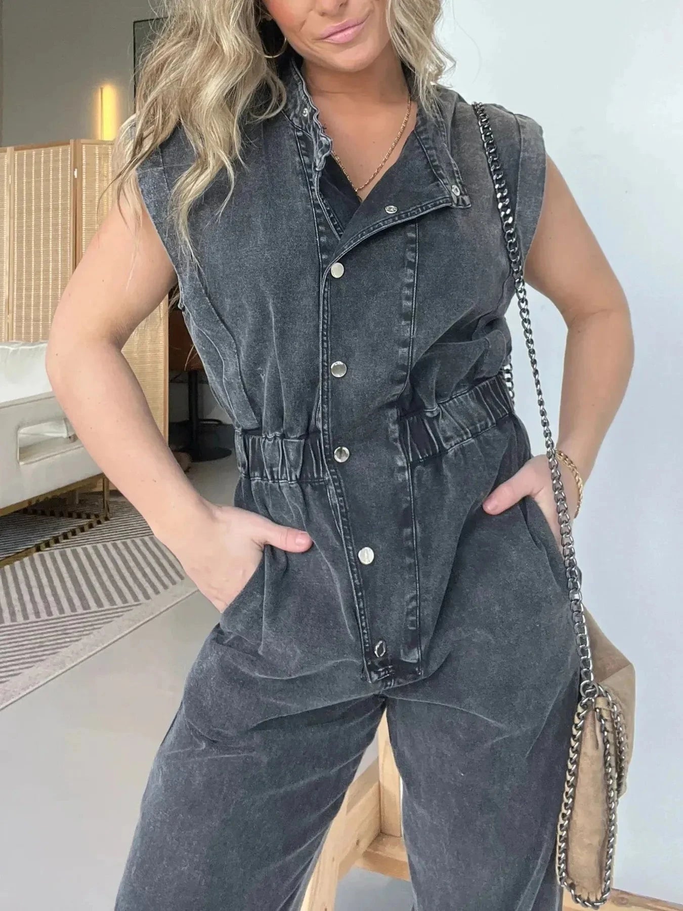 Full Size Button Front Cap Sleeve Denim Jumpsuit Plus Size Coco’s Tee Boutique