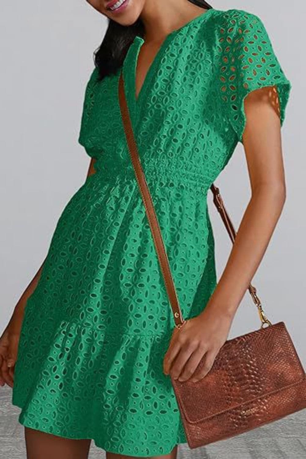 Sheer eyelet mini dress with sleeves