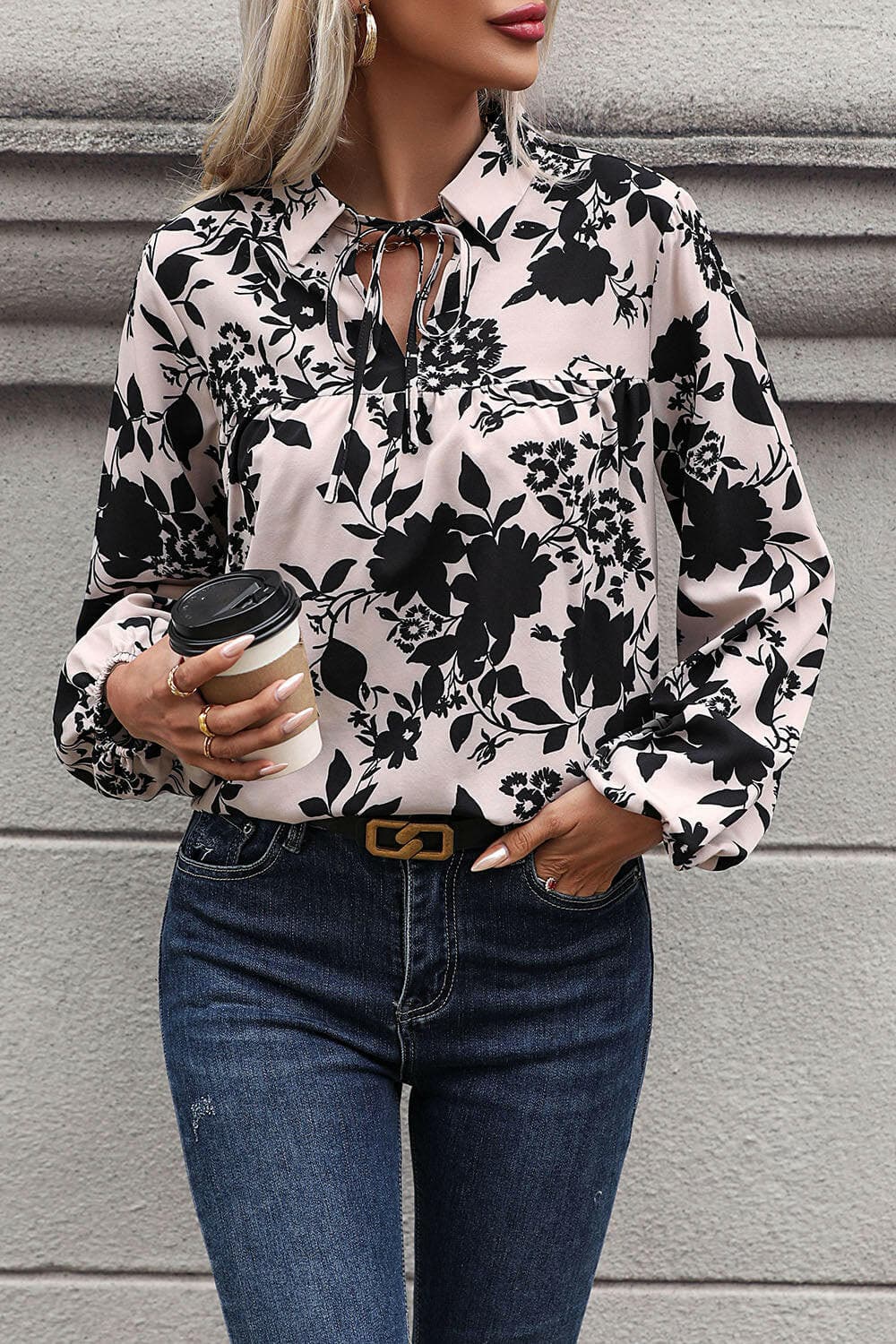 Printed Tie Neck Balloon Sleeve Blouse.