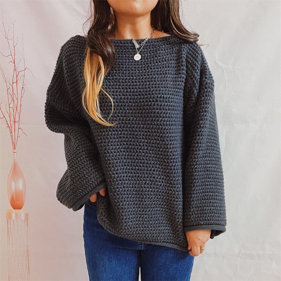 Openwork Boat Neck Long Sleeve Sweater.