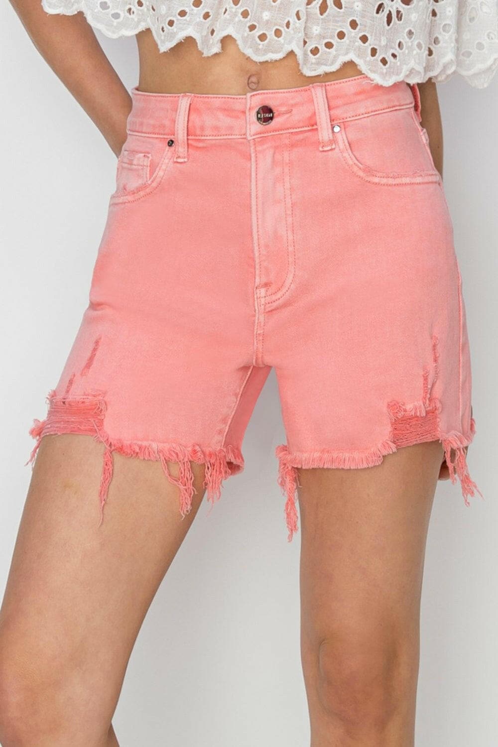 RISEN High Rise Distressed Denim Shorts.