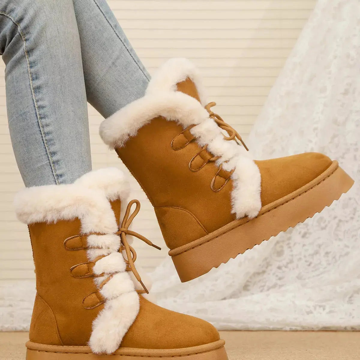 Black Suede Lace Up Winter Boots With Faux Fur Lining Simply Love