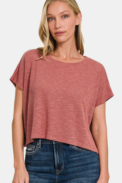 Zenana round neck tee in soft, stretchy fabric, shown on model with casual jeans.