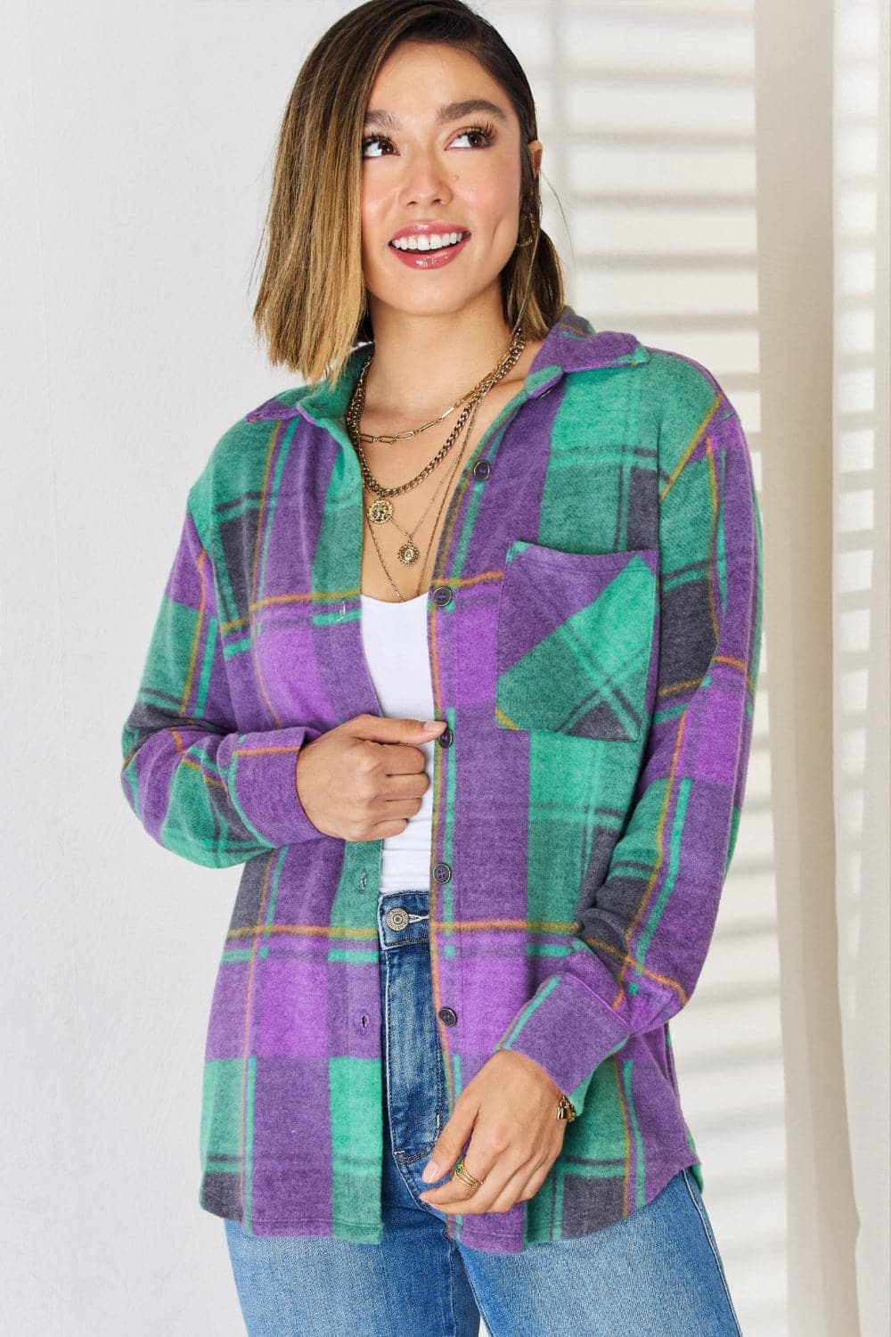 Zenana Plaid Button Up Long Sleeve Shacket.