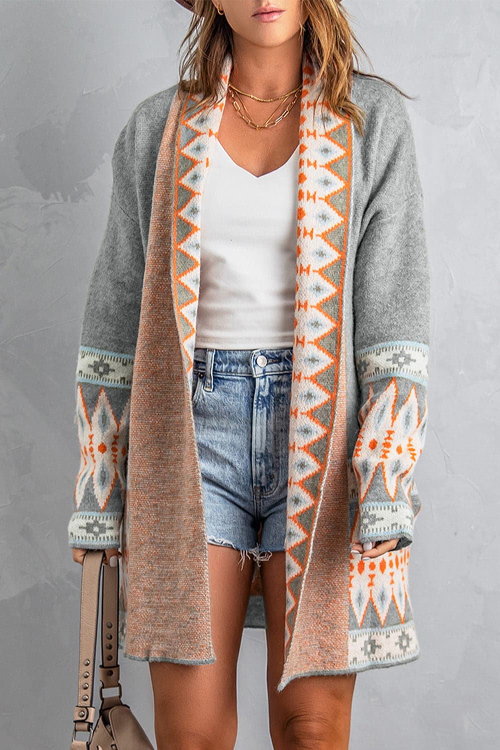 Geometric Open Front Long Sleeve Cardigan.