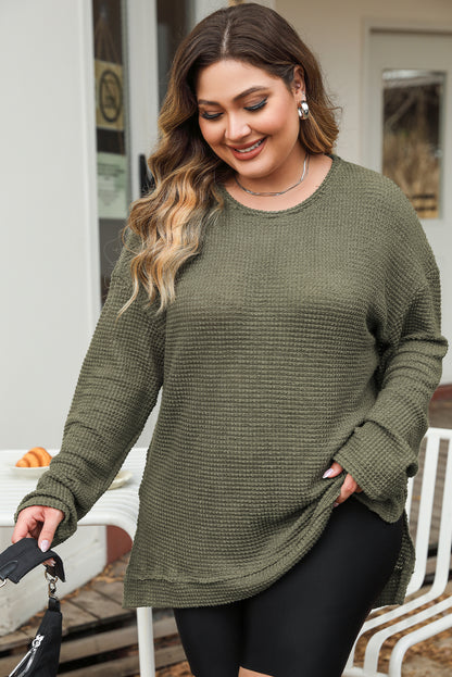 Chic moss green plus size textured knit top with long sleeves