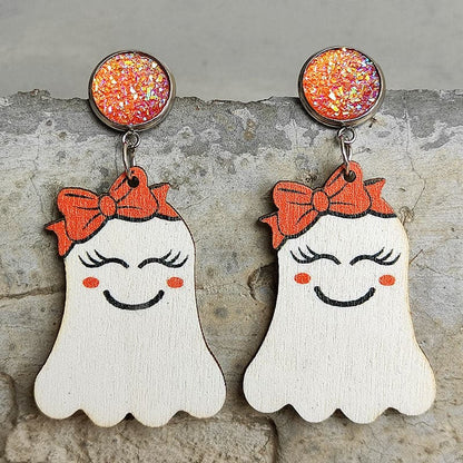 Whimsical ghost-shaped wooden dangle earrings