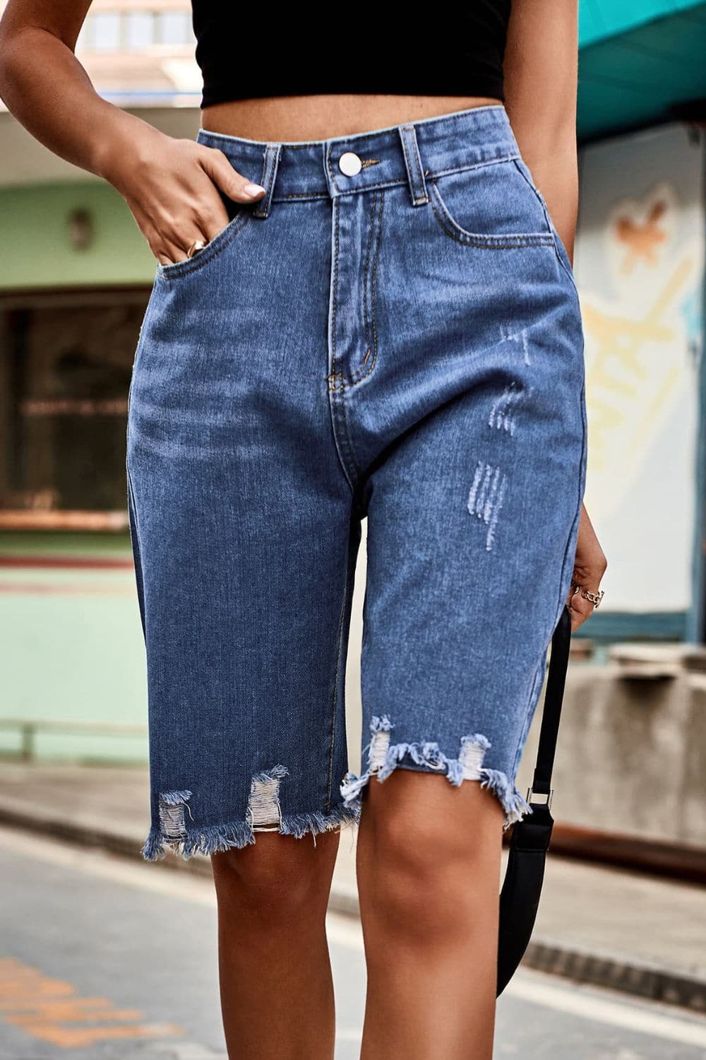 Raw Hem High Waist Denim Shorts with Pockets.