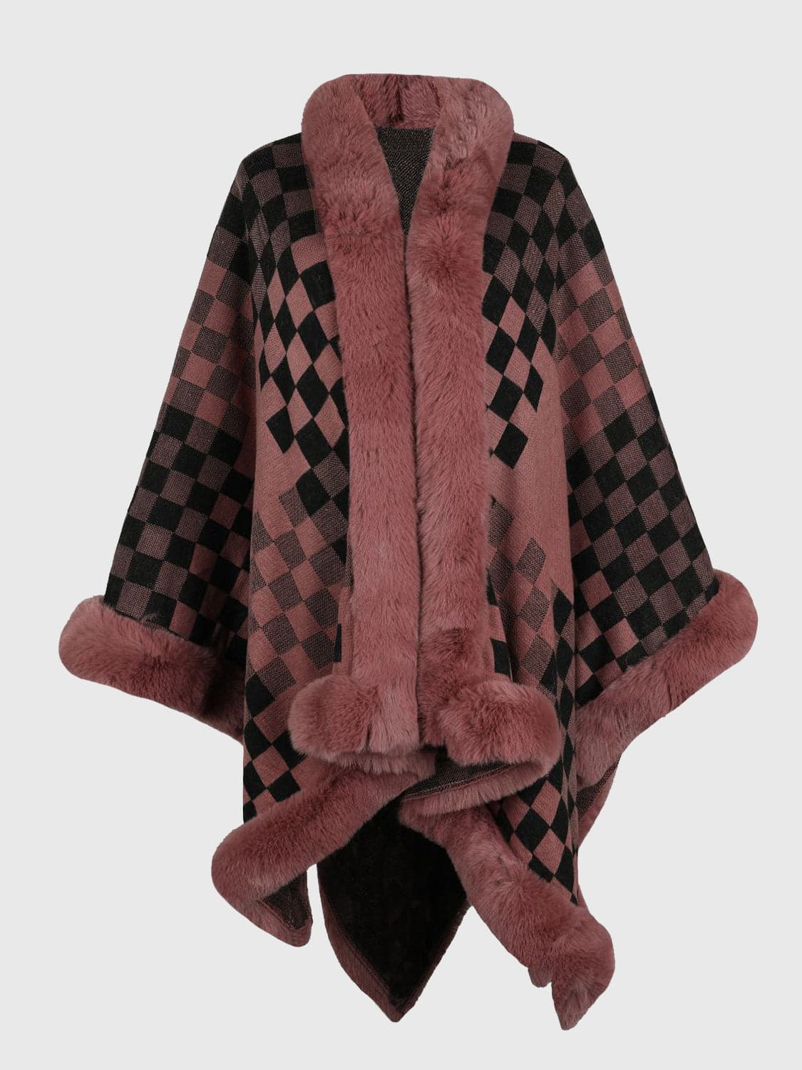 Checkered Faux Fur Trim Poncho.