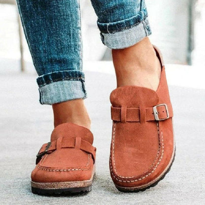 Round Toe Low Heel Buckle Loafers.