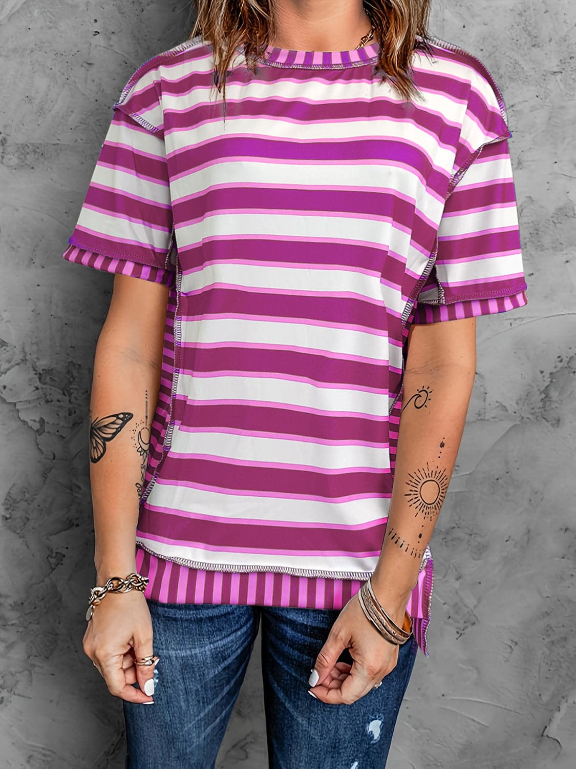 Full Size Contrast Stitching Striped Round Neck T-Shirt.