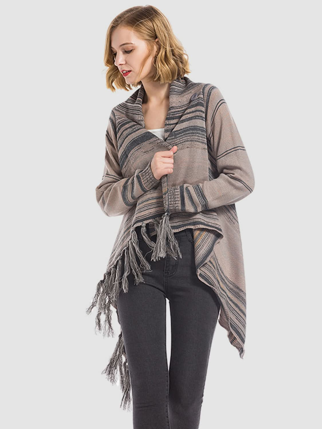 Tassel-trimmed open front cardigan with angel wings design