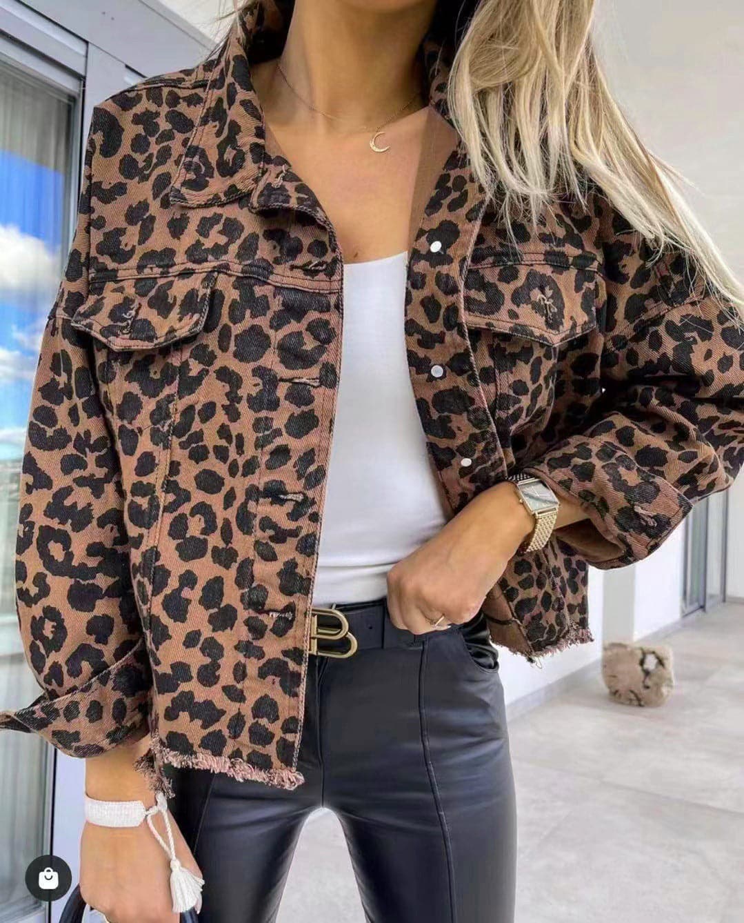 Leopard Raw Hem Denim Jacket.