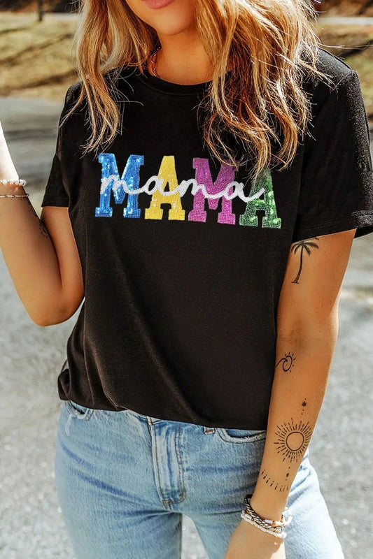 Sequin MAMA Round Neck Short Sleeve T-Shirt Simply Love