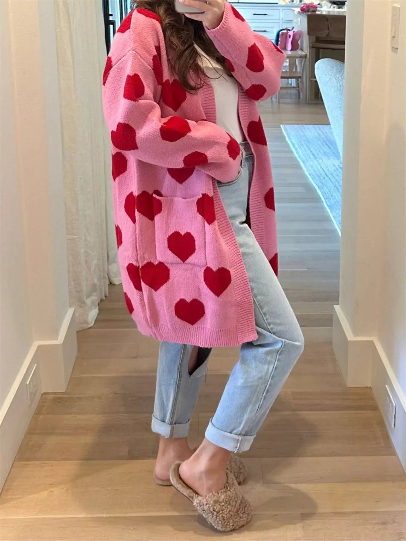 Heart Pattern Open Front Cardigan Simply Love