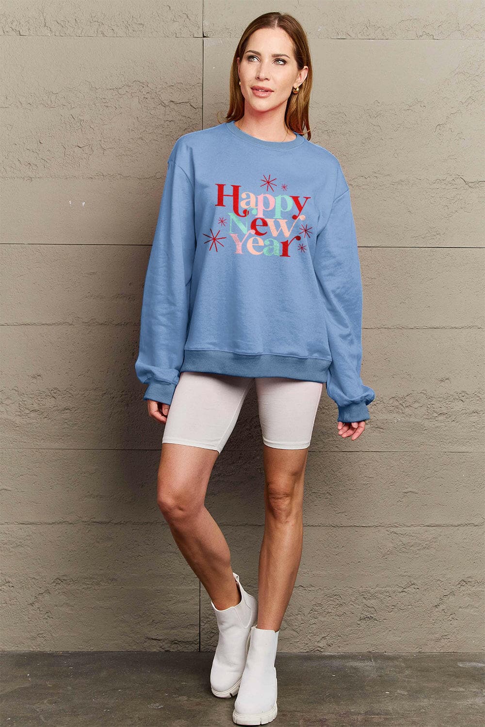 Simply Love Full Size HAPPY NEW YEAR Round Neck Sweatshirt.