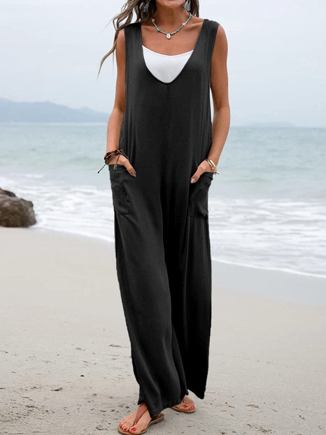 Full Size Wide Strap Jumpsuit with Pockets.