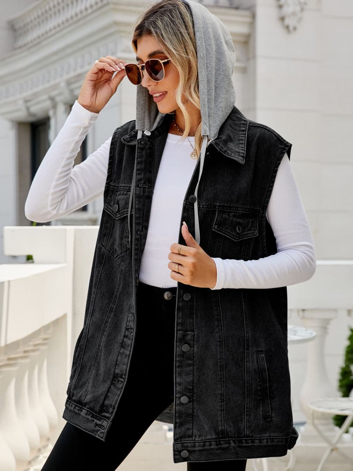 Drawstring Hooded Sleeveless Denim Top with Pockets.