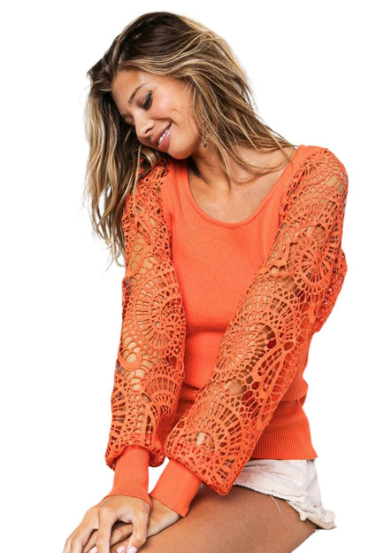 BiBi Round Neck Crochet Lace Sleeve Knit Top.