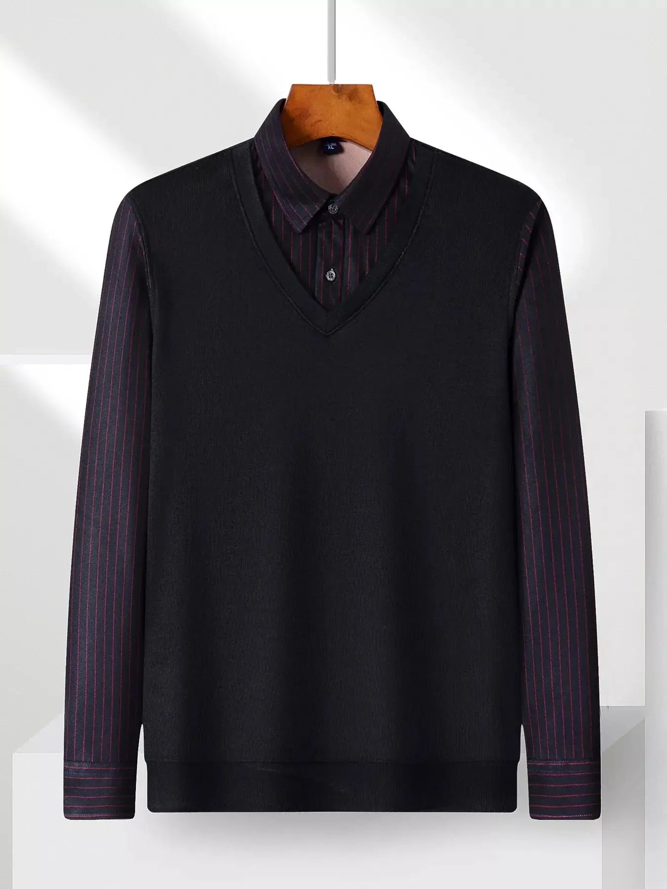 Men's Plus Size Striped Long Sleeve Fake Two Piece Knit Top Simply Love