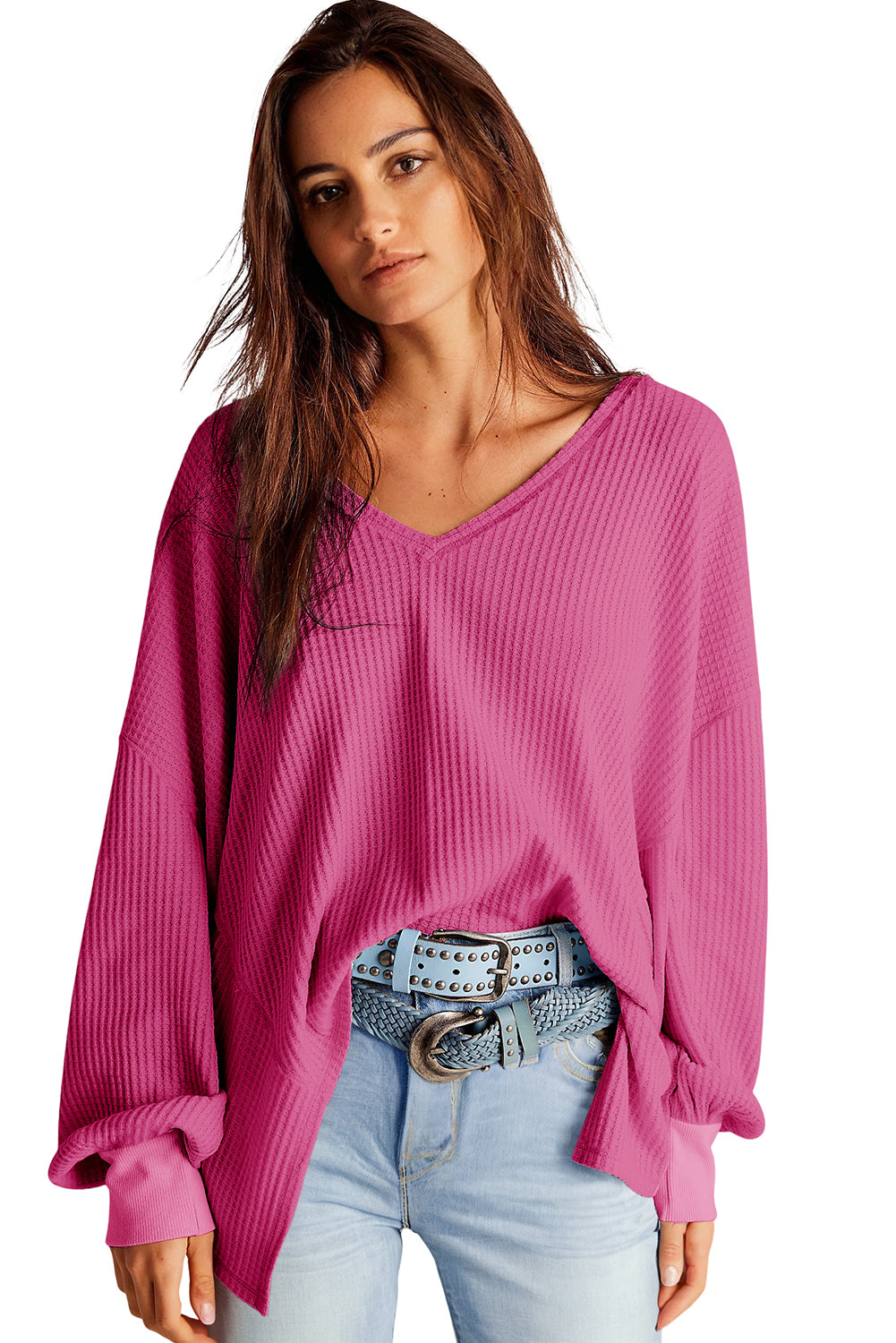 Chic bright pink waffle knit V-neck blouse with drop shoulders