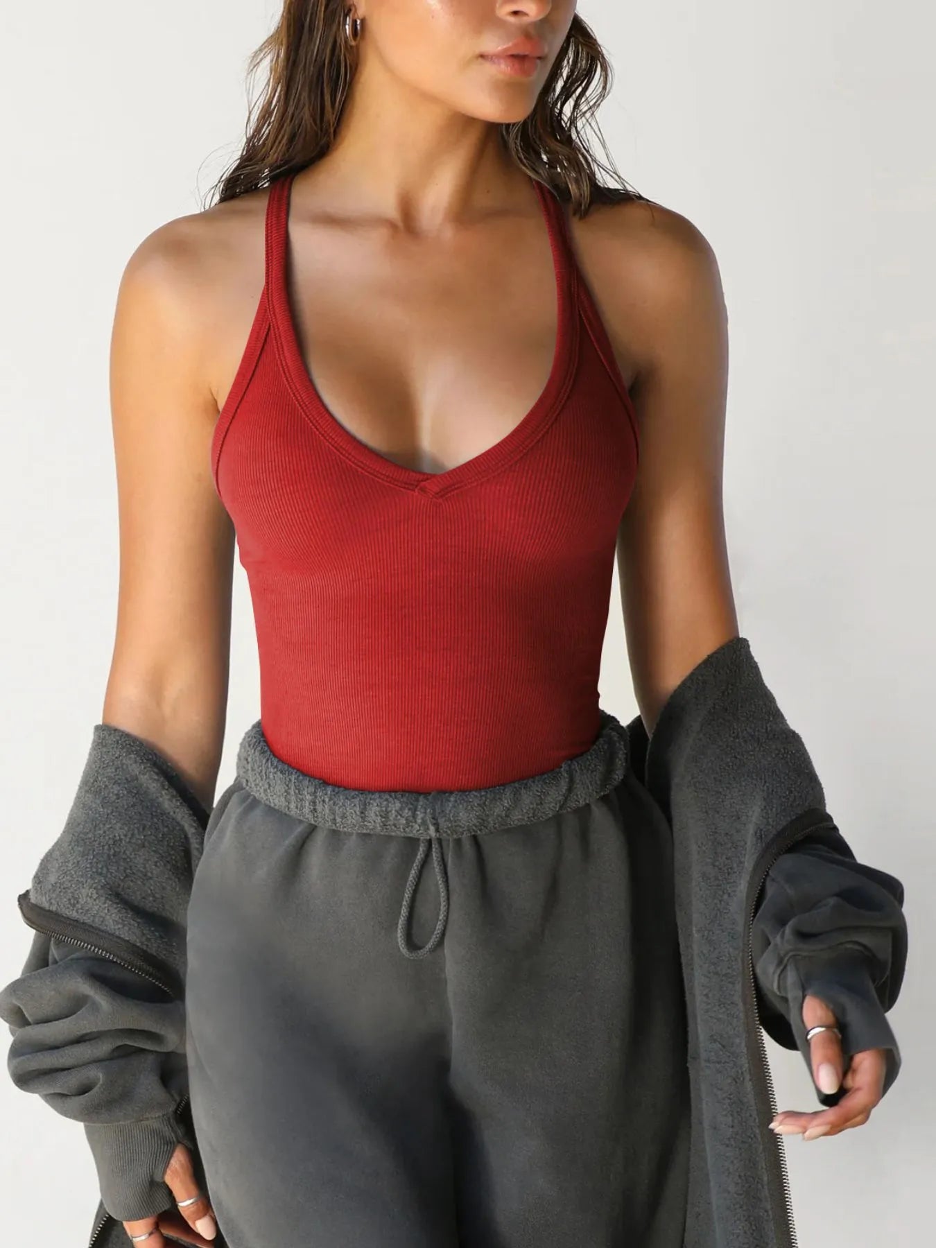 Ribbed V-Neck Halter Tank Top