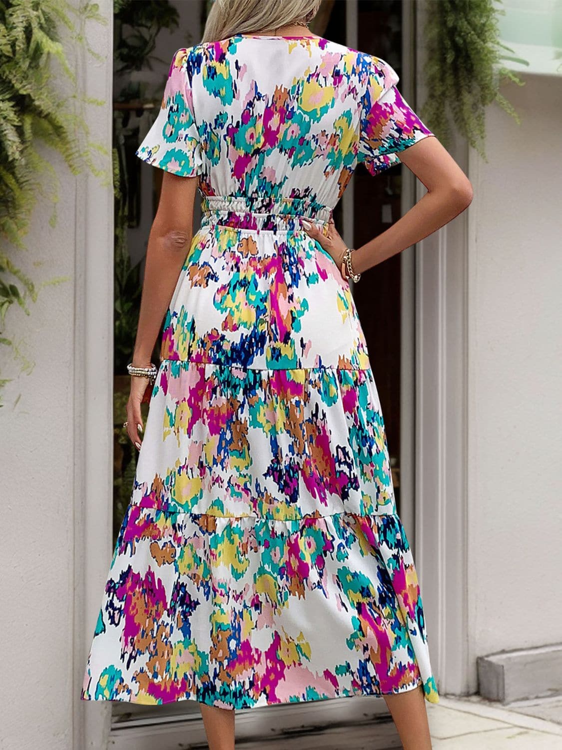 Printed Notched Short Sleeve Midi Dress.