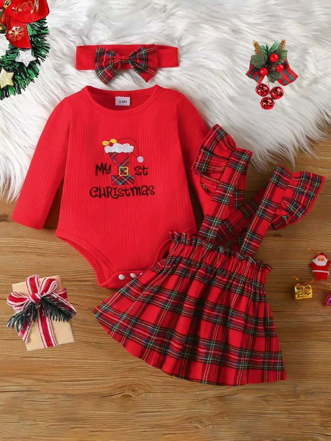 Children's First Christmas Bodysuit and Plaid Dress Outfit Set with Headband Simply Love